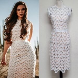 Alison Andrews White Zig-Zag Scalloped Lace Sleeveless Nude Lined Midi Dress L